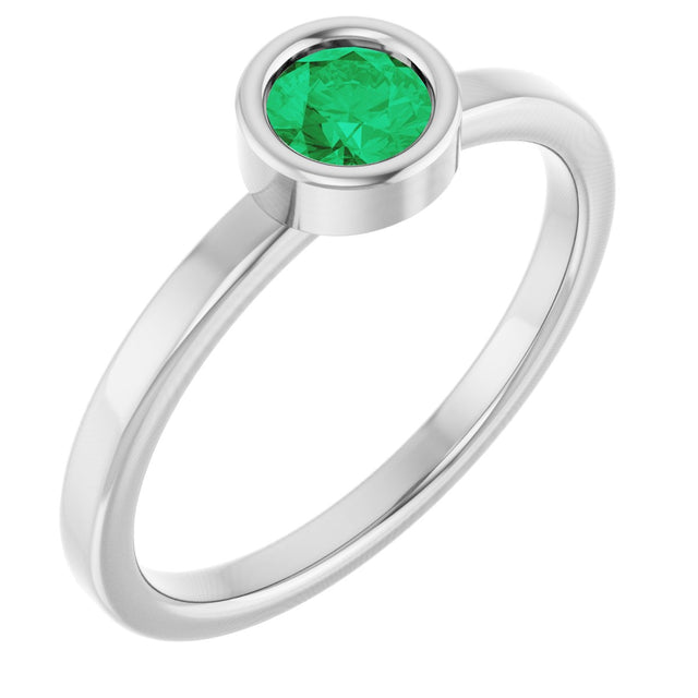 14K Gold Round Natural Emerald Bezel-Set Solitaire Ring - White Gold