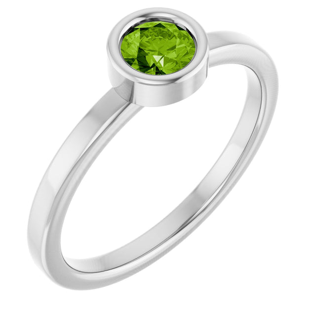 14K Gold Round Natural Peridot Bezel-Set Solitaire Ring - White Gold