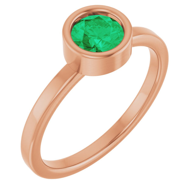 14K Gold Round Natural Emerald Bezel-Set Solitaire Ring - Rose Gold