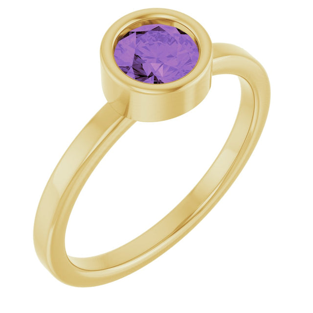 14K Gold Round Natural Amethyst Bezel-Set Solitaire Ring - Yellow Gold