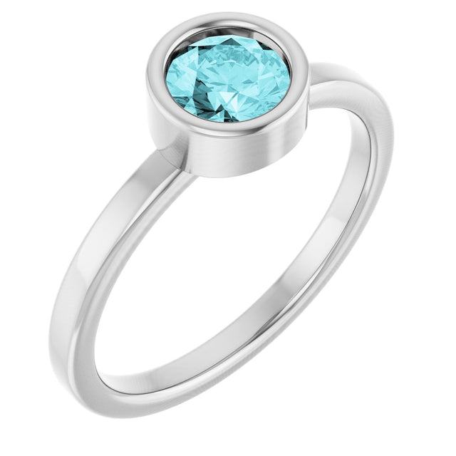 14K Gold Round Natural Blue Zircon Bezel-Set Solitaire Ring - White Gold