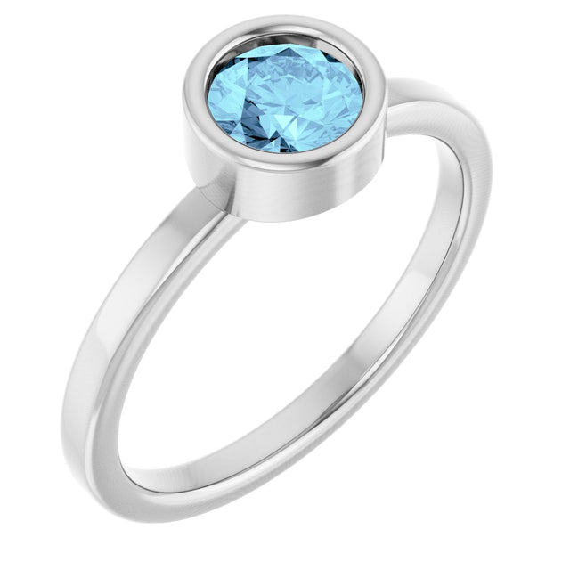 Platinum Round Natural Aquamarine Bezel-Set Solitaire Ring