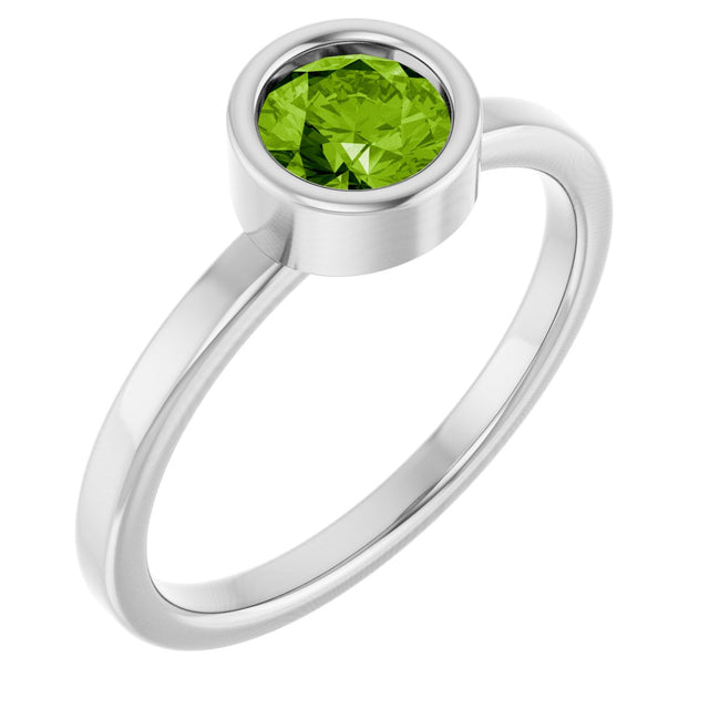 Platinum Round Natural Peridot Bezel-Set Solitaire Ring