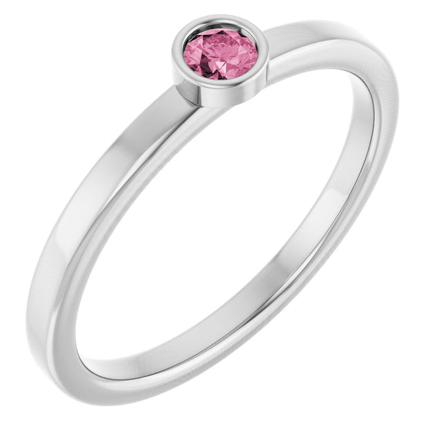 Platinum Round Natural Pink Tourmaline Bezel-Set Solitaire Ring