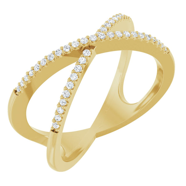 14K Gold Round Natural Diamond Accented Criss-Cross Ring – 0.95mm Stones - Yellow Gold