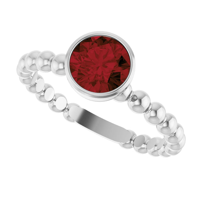 14K Gold Round Natural Mozambique Garnet Family Beaded Stackable Ring - White Gold - view 5