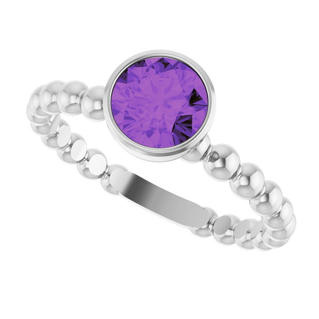 14K Gold Round Natural Amethyst Family Beaded Stackable Ring - White Gold - view 5