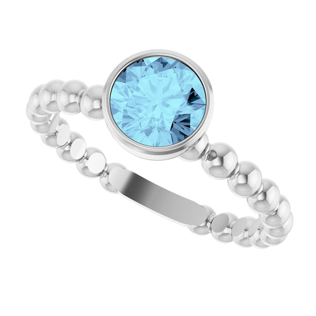 14K Gold Round Natural Aquamarine Family Beaded Stackable Ring - White Gold - view 5