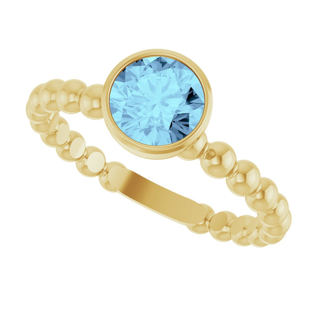14K Gold Round Natural Aquamarine Family Beaded Stackable Ring - Yellow Gold - view 5