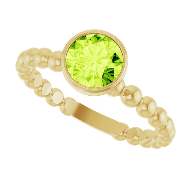 14K Gold Round Natural Peridot Family Beaded Stackable Ring - Yellow Gold - view 5