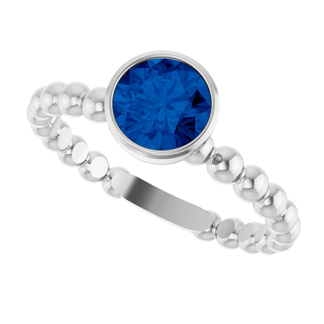 14K Gold Round Natural Blue Sapphire Family Beaded Stackable Ring - White Gold - view 5