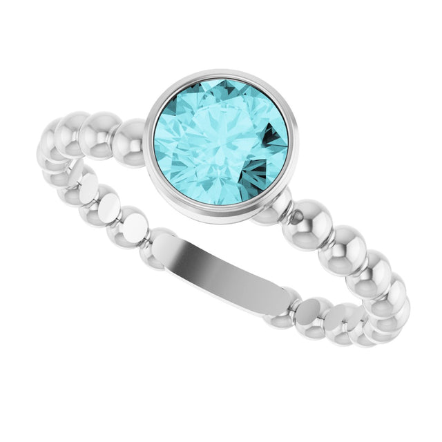 14K Gold Round Natural Blue Zircon Family Beaded Stackable Ring - White Gold - view 5