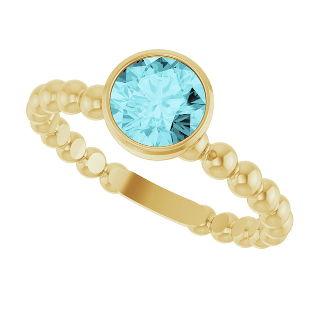 14K Gold Round Natural Blue Zircon Family Beaded Stackable Ring - Yellow Gold - view 5