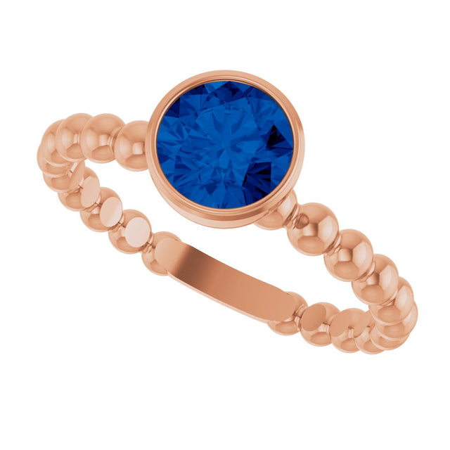 14K Gold Round Natural Blue Sapphire Family Beaded Stackable Ring - Rose Gold - view 5