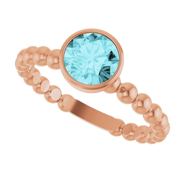 14K Gold Round Natural Blue Zircon Family Beaded Stackable Ring - Rose Gold - view 5