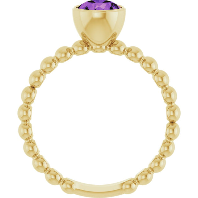 14K Gold Round Natural Amethyst Family Beaded Stackable Ring - Yellow Gold - view 2