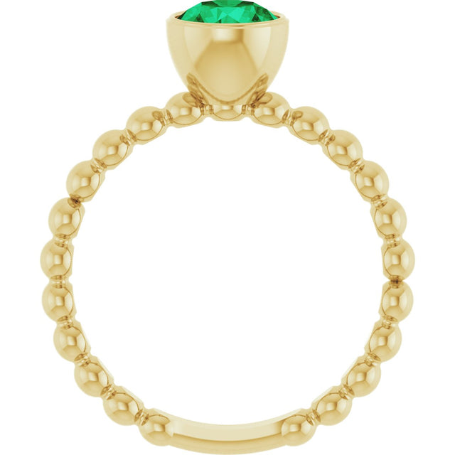 14K Gold Round Lab-Grown Emerald Family Beaded Stackable Ring - Yellow Gold - view 2