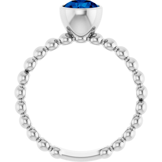 14K Gold Round Lab-Grown Blue Sapphire Family Beaded Stackable Ring - White Gold - view 2