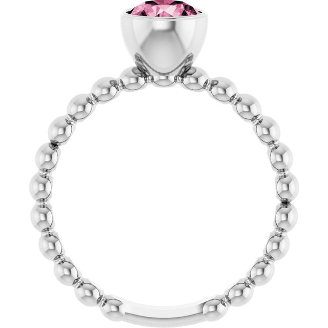 14K Gold Round Natural Pink Tourmaline Family Beaded Stackable Ring - White Gold - view 2