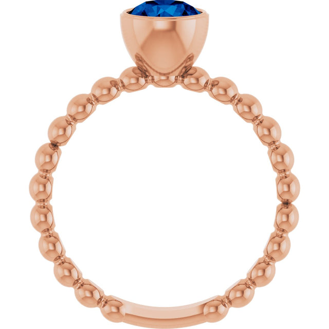 14K Gold Round Lab-Grown Blue Sapphire Family Beaded Stackable Ring - Rose Gold - view 2