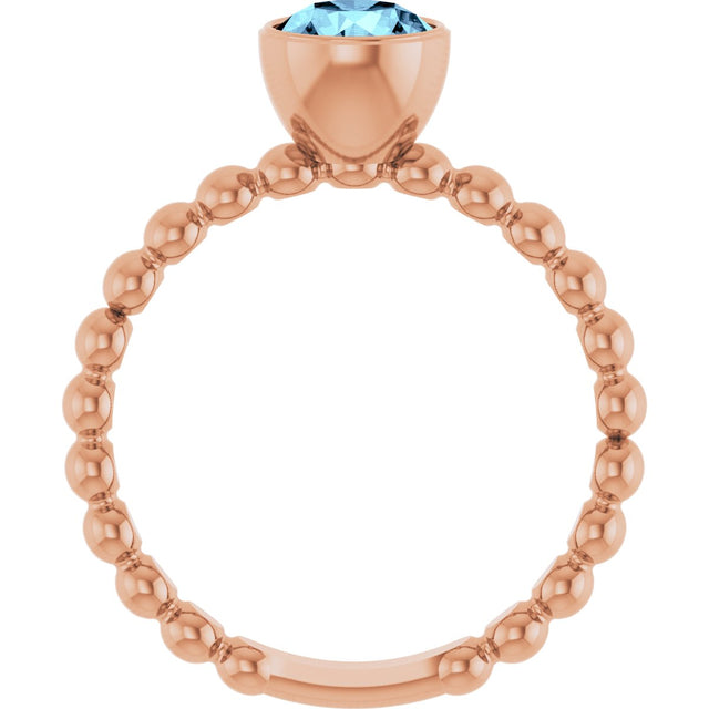 14K Gold Round Natural Aquamarine Family Beaded Stackable Ring - Rose Gold - view 2
