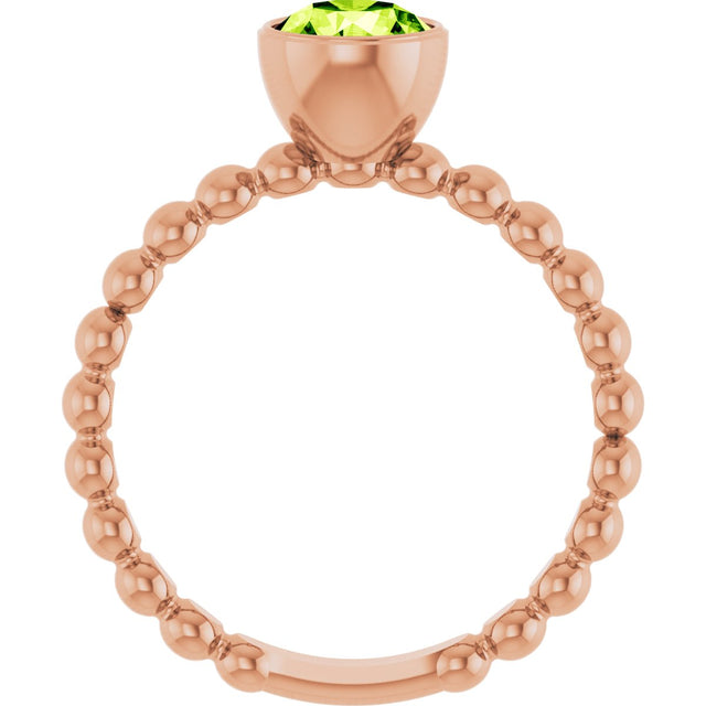 14K Gold Round Natural Peridot Family Beaded Stackable Ring - Rose Gold - view 2