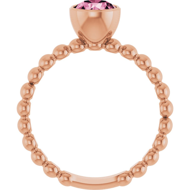 14K Gold Round Natural Pink Tourmaline Family Beaded Stackable Ring - Rose Gold - view 2
