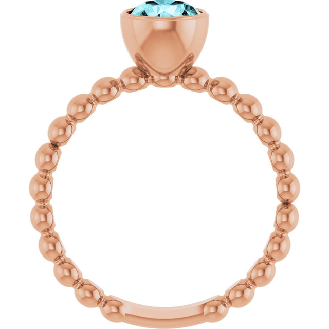 14K Gold Round Natural Blue Zircon Family Beaded Stackable Ring - Rose Gold - view 2