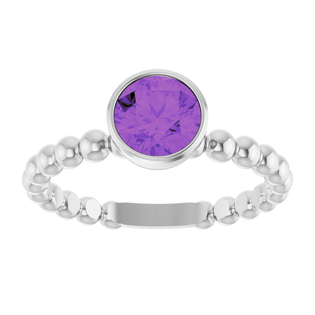 14K Gold Round Natural Amethyst Family Beaded Stackable Ring - White Gold - view 3