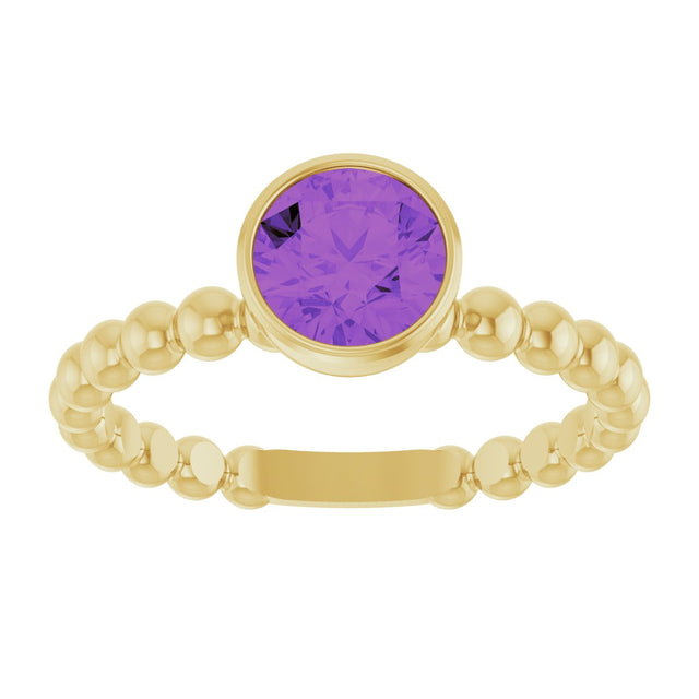 14K Gold Round Natural Amethyst Family Beaded Stackable Ring - Yellow Gold - view 3