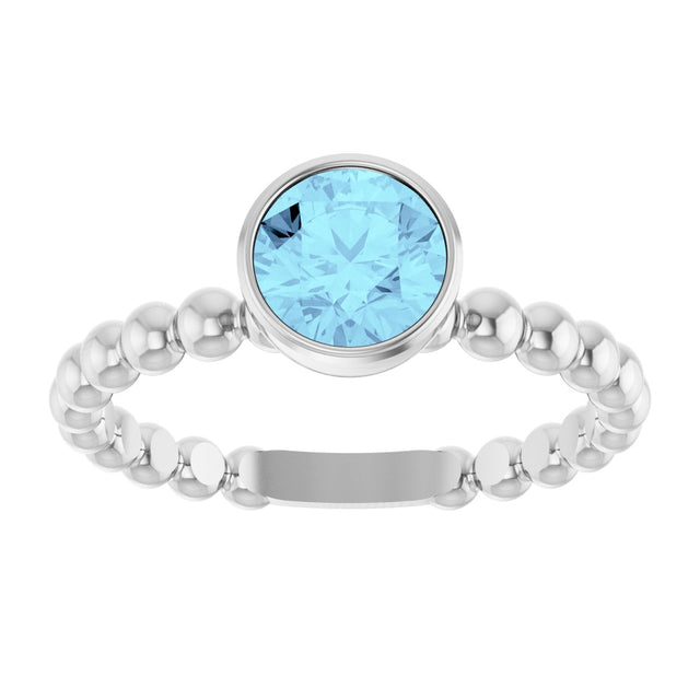 14K Gold Round Natural Aquamarine Family Beaded Stackable Ring - White Gold - view 3
