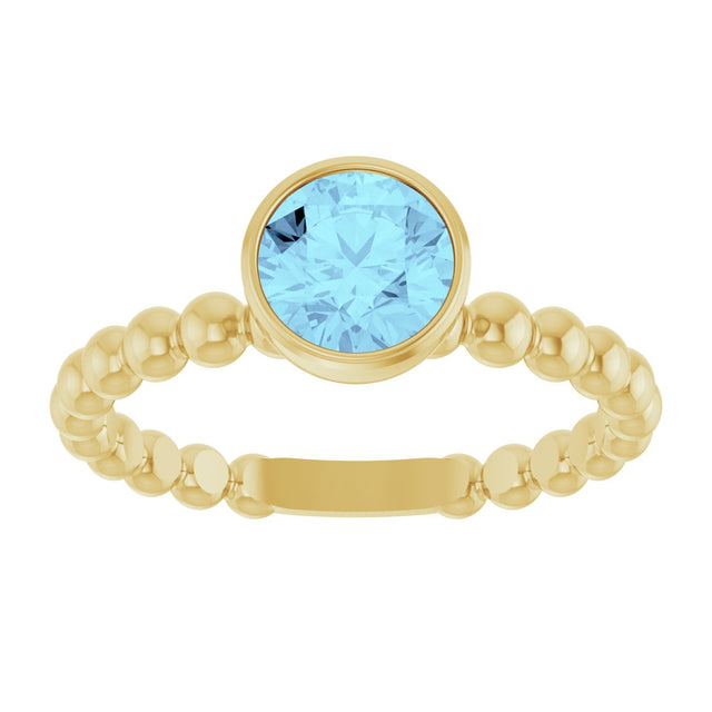 14K Gold Round Natural Aquamarine Family Beaded Stackable Ring - Yellow Gold - view 3