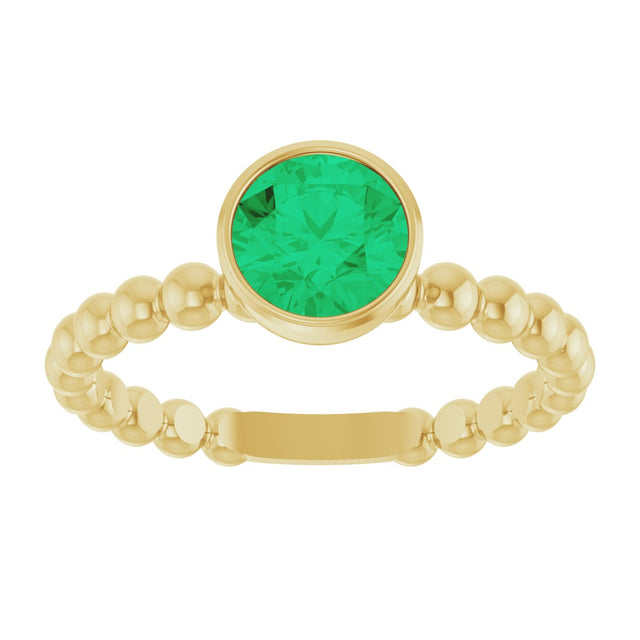 14K Gold Round Lab-Grown Emerald Family Beaded Stackable Ring - Yellow Gold - view 3