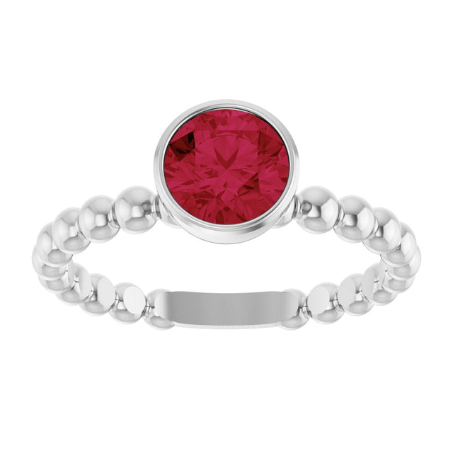 14K Gold Round Lab-Grown Ruby Family Beaded Stackable Ring - White Gold - view 3
