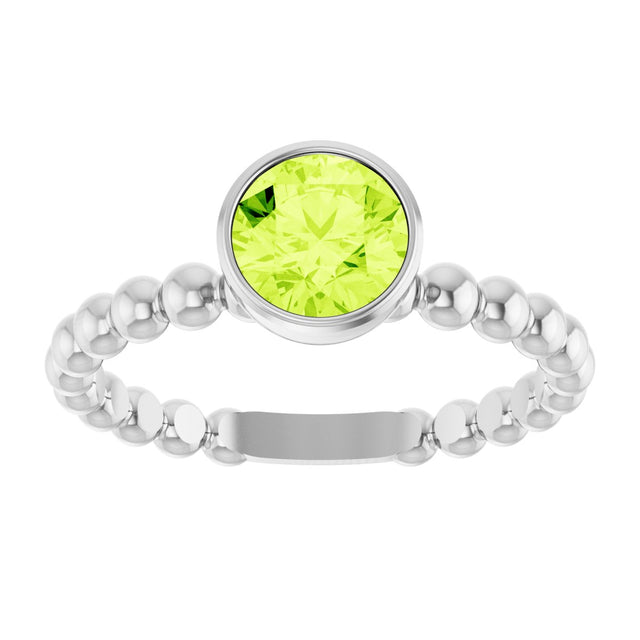 14K Gold Round Natural Peridot Family Beaded Stackable Ring - White Gold - view 3