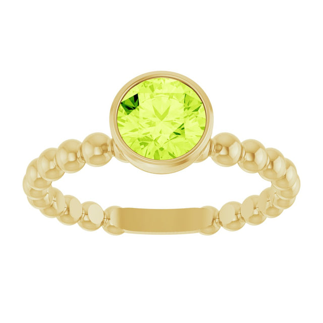 14K Gold Round Natural Peridot Family Beaded Stackable Ring - Yellow Gold - view 3