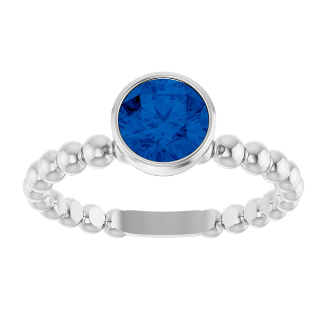 14K Gold Round Lab-Grown Blue Sapphire Family Beaded Stackable Ring - White Gold - view 3