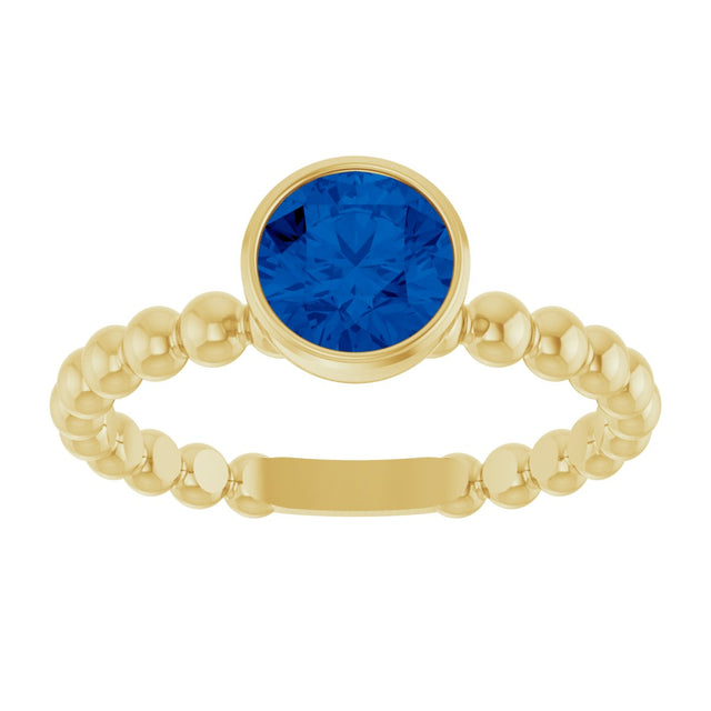 14K Gold Round Lab-Grown Blue Sapphire Family Beaded Stackable Ring - Yellow Gold - view 3