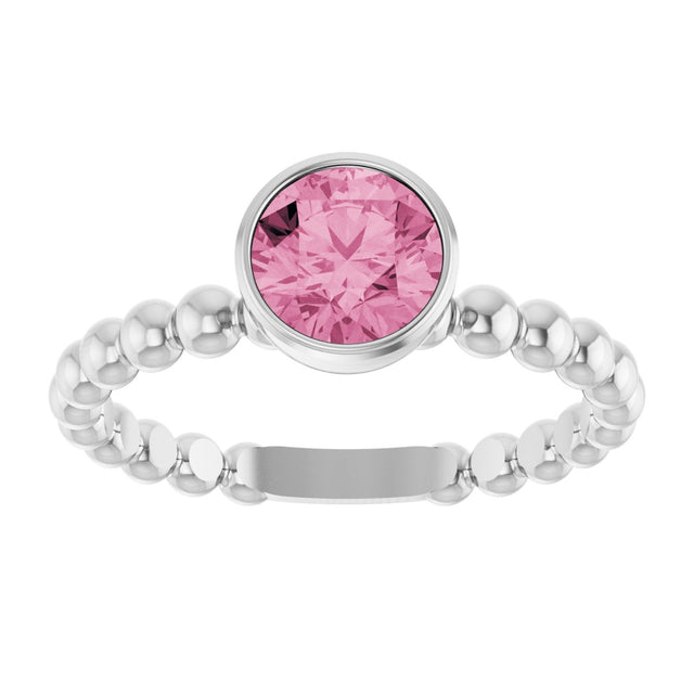 14K Gold Round Natural Pink Tourmaline Family Beaded Stackable Ring - White Gold - view 3