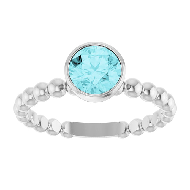14K Gold Round Natural Blue Zircon Family Beaded Stackable Ring - White Gold - view 3