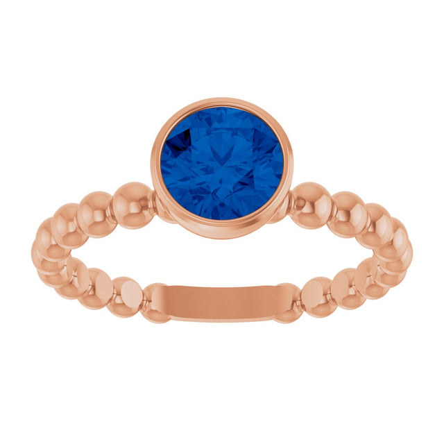 14K Gold Round Lab-Grown Blue Sapphire Family Beaded Stackable Ring - Rose Gold - view 3