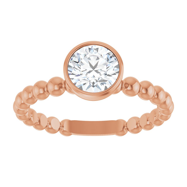 14K Gold Round Natural White Sapphire Family Beaded Stackable Ring - Rose Gold - view 3