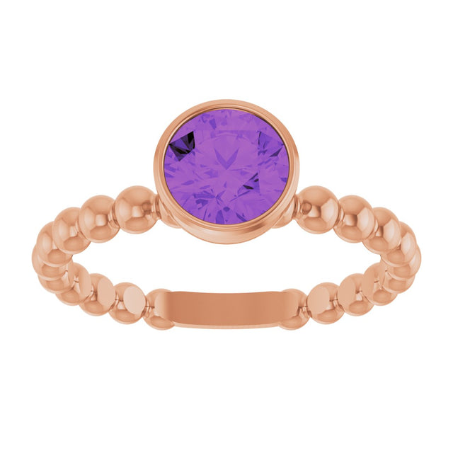 14K Gold Round Natural Amethyst Family Beaded Stackable Ring - Rose Gold - view 3