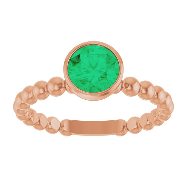14K Gold Round Lab-Grown Emerald Family Beaded Stackable Ring - Rose Gold - view 3