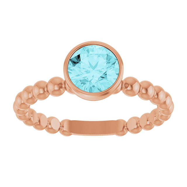 14K Gold Round Natural Blue Zircon Family Beaded Stackable Ring - Rose Gold - view 3