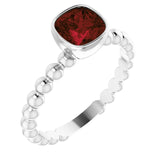 14K Gold Cushion Natural Mozambique Garnet Family Beaded Stackable Ring - White Gold