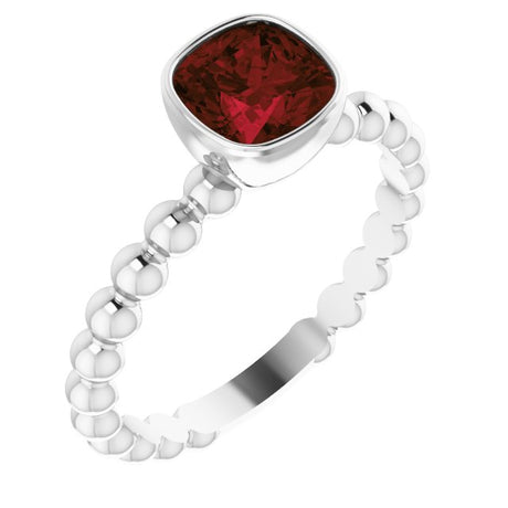 14K Gold Cushion Natural Mozambique Garnet Family Beaded Stackable Ring - White Gold