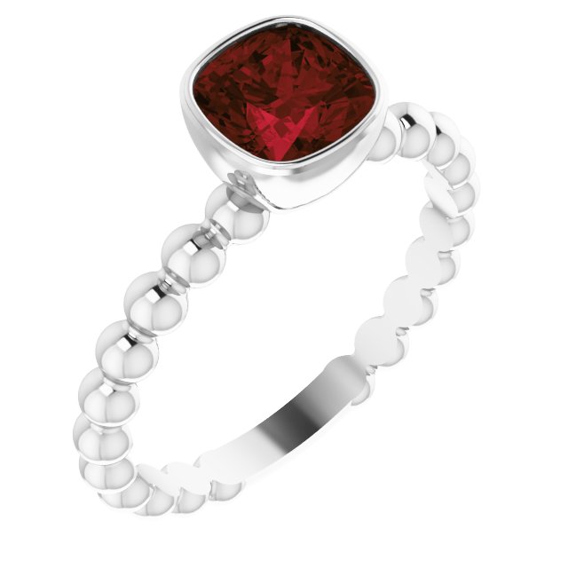 14K Gold Cushion Natural Mozambique Garnet Family Beaded Stackable Ring - White Gold