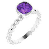 14K Gold Cushion Natural Amethyst Family Beaded Stackable Ring - White Gold