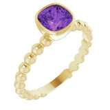 14K Gold Cushion Natural Amethyst Family Beaded Stackable Ring - Yellow Gold
